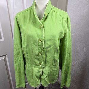 Coldwater Creek Women's XL 100% Linen‎ Jacket Green Frayed Button Up Boho Chic